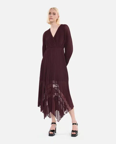 The Kooples Pleated Asymmetric Midi Dress In Burgundy