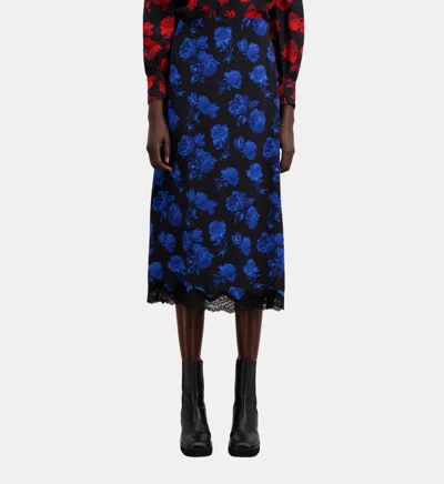 The Kooples Long Printed Silk Skirt With Lace Details In Multi
