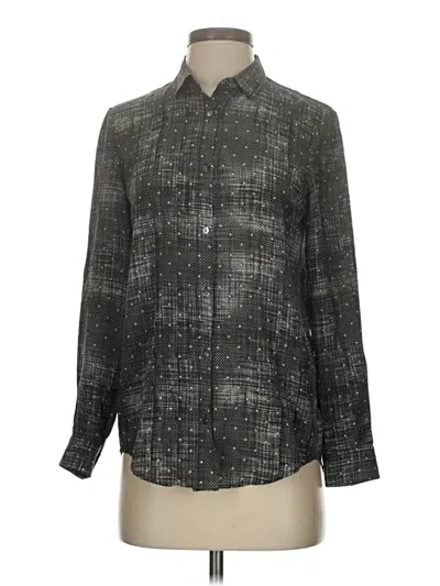 Pre-owned The Kooples Long Sleeve Silk Top Green Tweed Pattern Mock Neckline Tops