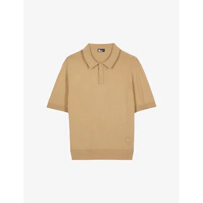 The Kooples Mens Beige Open-neck Short-sleeve Knitted Polo