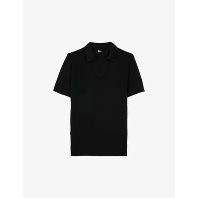 The Kooples Mens Black Open-neck Short-sleeve Knitted Polo