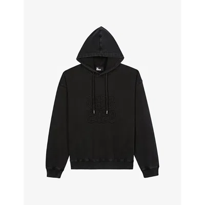 The Kooples Mens Black Washed Logo-embroidered Loose-fit Cotton-jersey Hoody