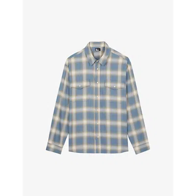 The Kooples Mens Blue Grey Check-pattern Classic-collar Woven Shirt