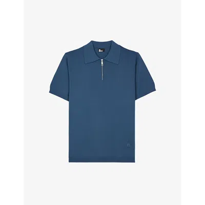 The Kooples Mens Middle Navy Logo-embroidered Zip-neck Knitted Polo