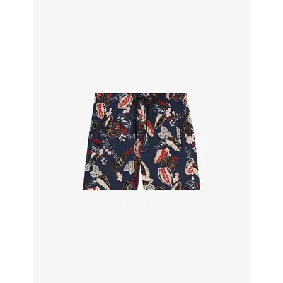 The Kooples Mens Navy Drawstring Leaf-print Woven Swim Shorts