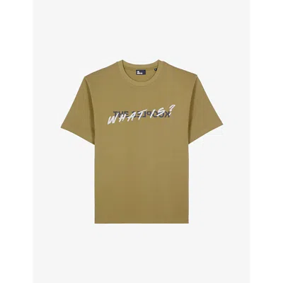 The Kooples Mens 'what Is?'-print Logo-print Cotton T-shirt Olive