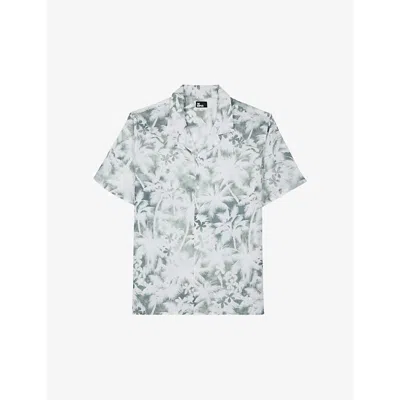 The Kooples Mens White - Kaki Floral-print Regular-fit Linen-blend Shirt