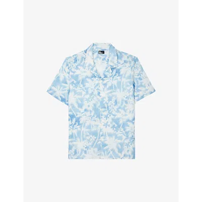 The Kooples Palm-tree Print Short-sleeve Linen-blend Shirt In White / Blue