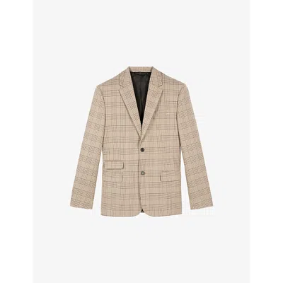 The Kooples Mens  Lapel-collar Single-breasted Checked Cotton-blend Blazer In Beige-brown
