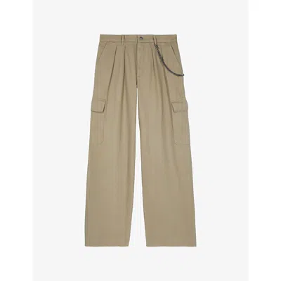 The Kooples Mens Beige Chain-embellished Cargo-pocket Cotton Trousers In Brown