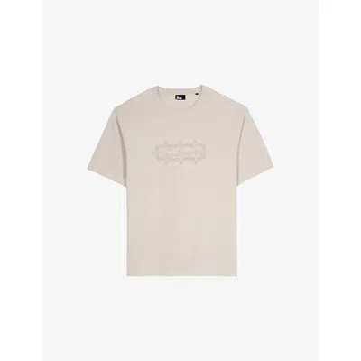 The Kooples Mens Crewneck Embroidered Cotton T-shirt Beige Grey