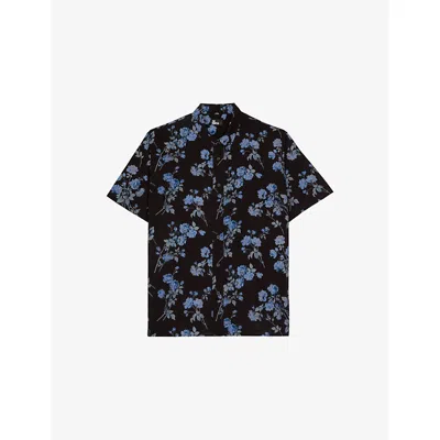 The Kooples Mens Floral-print Short-sleeve Woven Shirt Black Blue