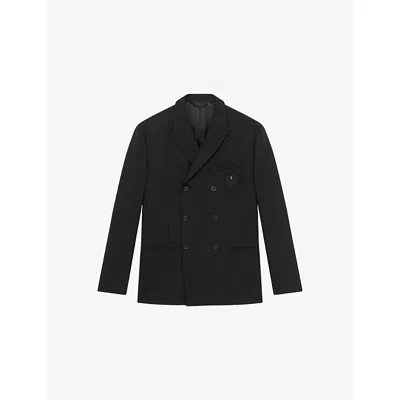The Kooples Mens Black Crest-appliqué Double-breasted Woven Blazer