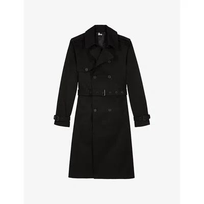 The Kooples Mens Black Double-breasted Cotton Trench Coat