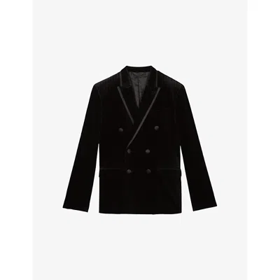 The Kooples Mens Black Double-breasted Velvet Suit Jacket