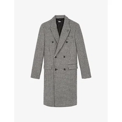 The Kooples Mens Black Grey Dogtooth Double-breasted Wool Coat
