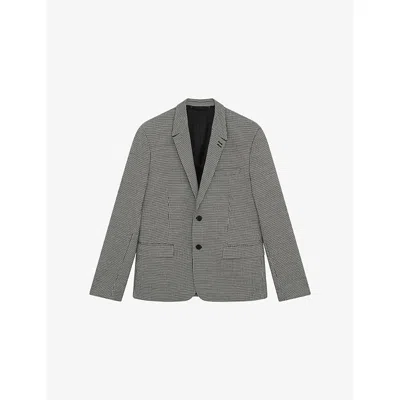 The Kooples Mens Black Grey Houndstooth-pattern Single-breasted Wool-blend Blazer In Gray