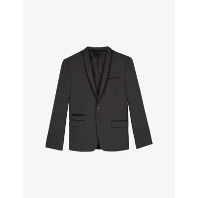 The Kooples Mens Black Grey Shawl-collar Single-breasted Stretch Wool-blend Blazer