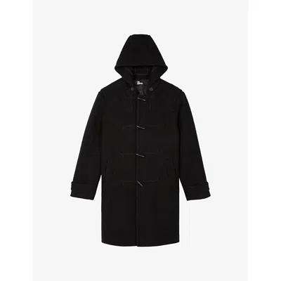 The Kooples Mens Black Hooded Regular-fit Wool-blend Coat