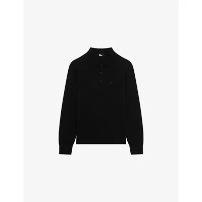 The Kooples Mens Black Logo-embroidered Polo-collar Wool Jumper