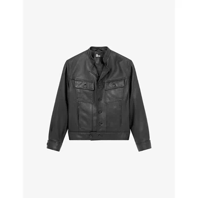 The Kooples Mens Notched-collar Straight-cut Leather Jacket Black