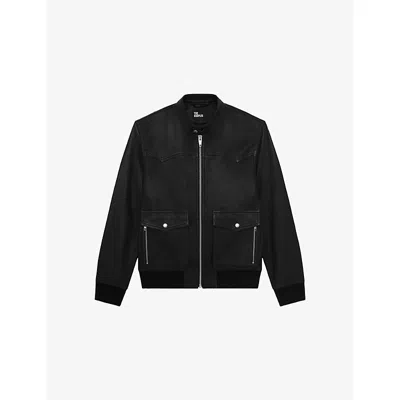 The Kooples Mens Black Officer-collar Straight-cut Leather Jacket