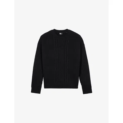 The Kooples Mens  Textured Round-neck Stretch-wool Jumper In Black
