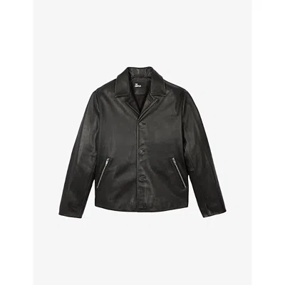 The Kooples Mens Black Washed Collared Button-down Leather Jacket
