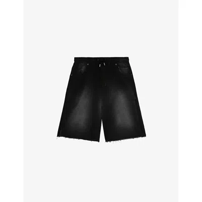 The Kooples Mens Black Washed Faded Raw-edge Cotton Bermuda Shorts
