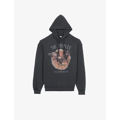 The Kooples Mens Black Washed Graphic-print Relaxed-fit Cotton Hoody