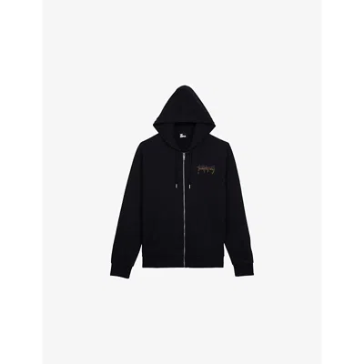 The Kooples Mens Logo-print Relaxed-fit Zip-up Cotton Hoody Black Washed