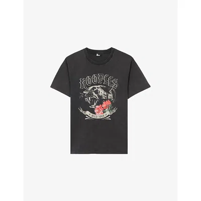 The Kooples Mens Black Washed Panther-print Washed Cotton-jersey T-shirt