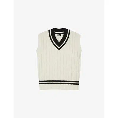 The Kooples Mens Black-ecru V-neck Cable-knitted Cotton Vest In Multi