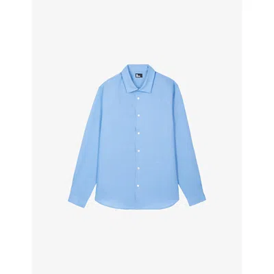 The Kooples Mens Blue Logo-embroidered Slim-fit Linen Shirt Xs