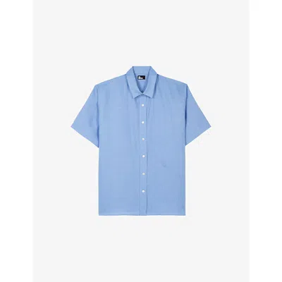 The Kooples Mens  Short-sleeved Brand-embroidered Linen Shirt In Blue