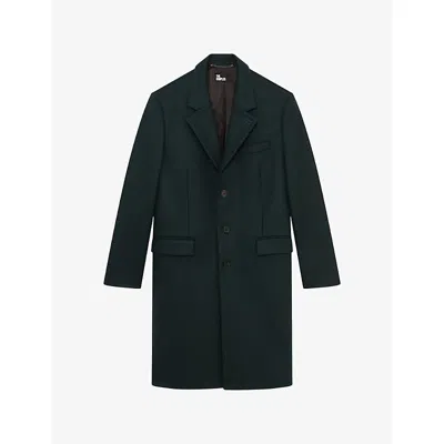 The Kooples Mens Bottle Green Single-breasted Long Wool-blend Coat