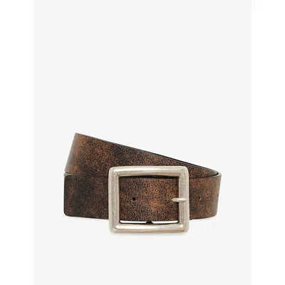 The Kooples Mens  Square-buckle Vintage-effect Leather Belt In Brown