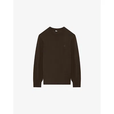 The Kooples Mens Brand-embroidered Relaxed-fit Wool Jumper Dark Brown Xl