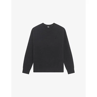 The Kooples Mens Brand-embroidered Crewneck Wool-blend Jumper Dark Grey Melange In Gray