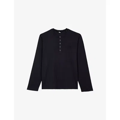 The Kooples Mens  Logo-embroidered Long-sleeve Cotton T-shirt In Blue