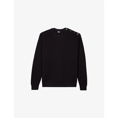 The Kooples Mens Dark Navy Ribbed Round-neck Cotton Jumper Xs In Black