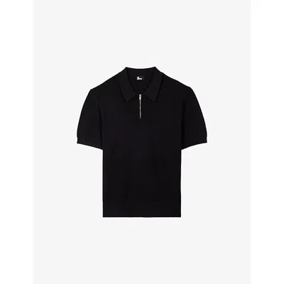 The Kooples Mens Dark Navy Waffle-textured Zipped Knitted Polo Shirt In Blue