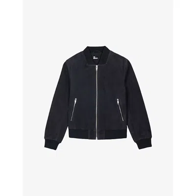 The Kooples Mens Dark Navy Zipped-pocket Suede Bomber Jacket In Blue