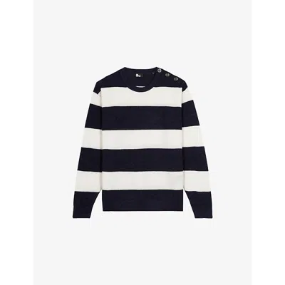 The Kooples Mens  Stripe-print Crewneck Wool And Linen-blend Jumper In Ecru Navy