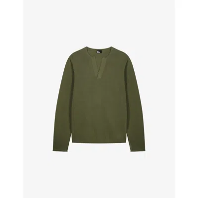 The Kooples Mens Foret Brand-embroidered Tunisian-collar Cotton-knit Sweatshirt In Green
