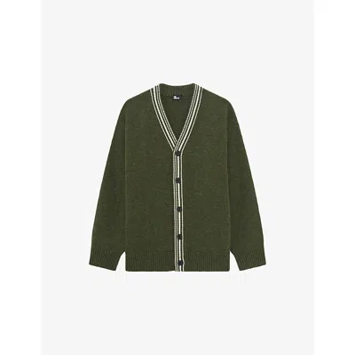 The Kooples Mens Green V-neck Striped Wool-blend Cardigan