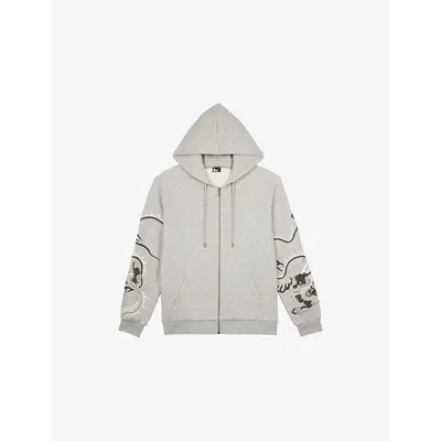 The Kooples Mens  Embroidered-sleeve Regular-fit Cotton Hoody In Grey Melange