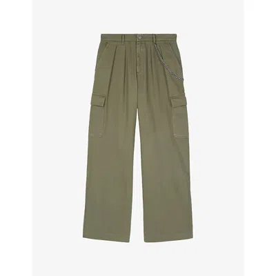 The Kooples Mens Kaki Chain-embellished Cargo-pocket Cotton Trousers In Brown