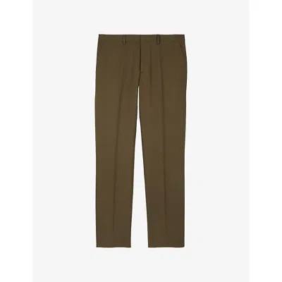 The Kooples Mens Kaki Straight Regular-fit Cotton And Linen-blend Trousers In Brown