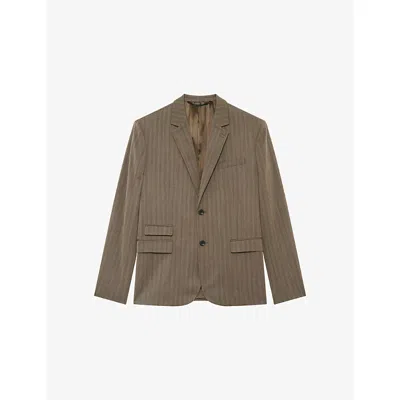 The Kooples Mens Light Brown Notched-lapel Regular-fit Striped Wool Jacket